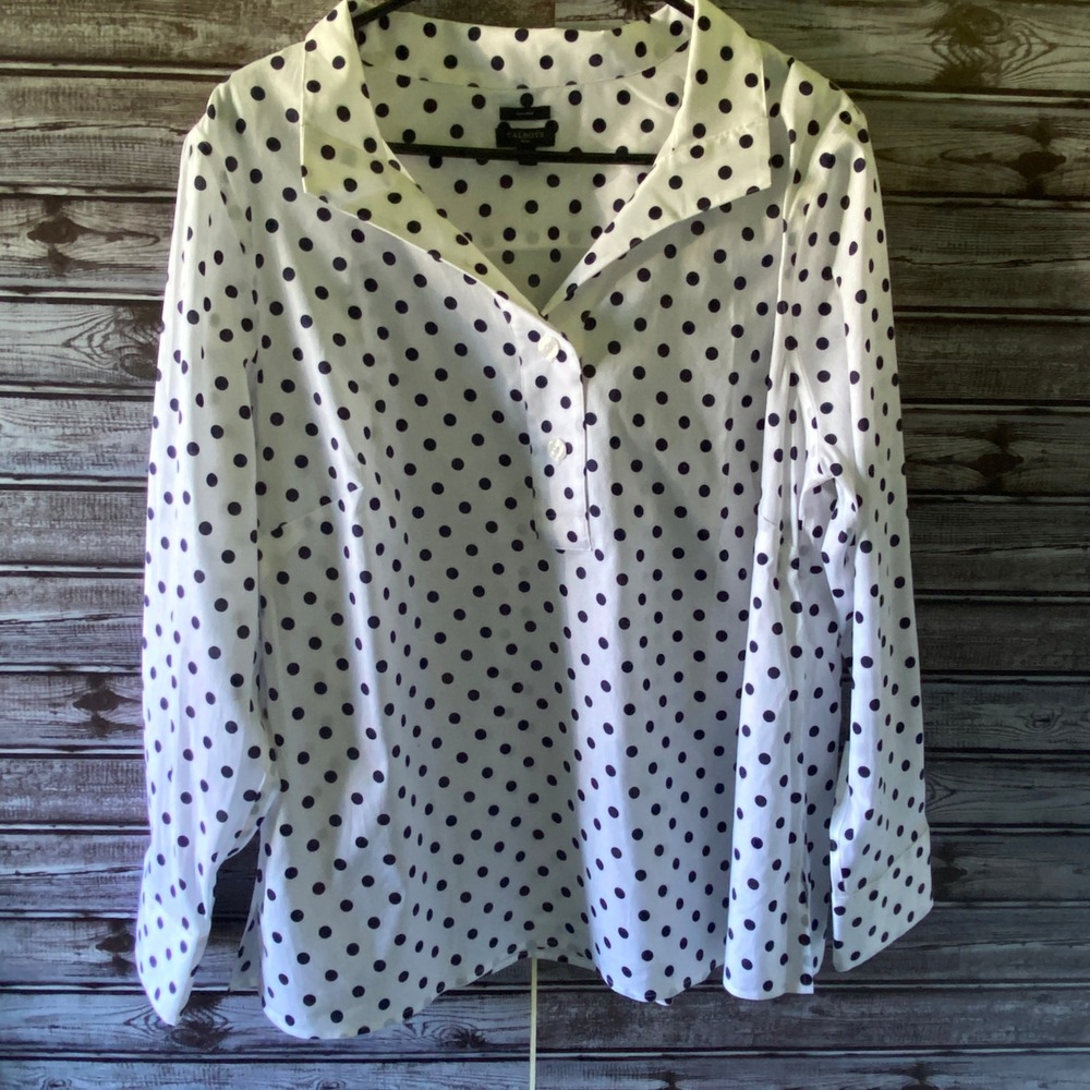 Talbots Women's Long-Sleeved Top Size 1X White Blue Polka-Dot Non-Iron Popover